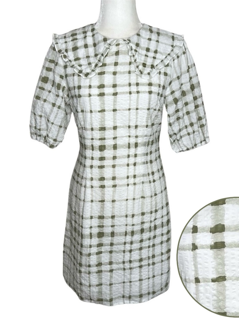 lena Puff Sleeve Mini Dress Ruffle Collar Short Preppy Plaid Green White Small S